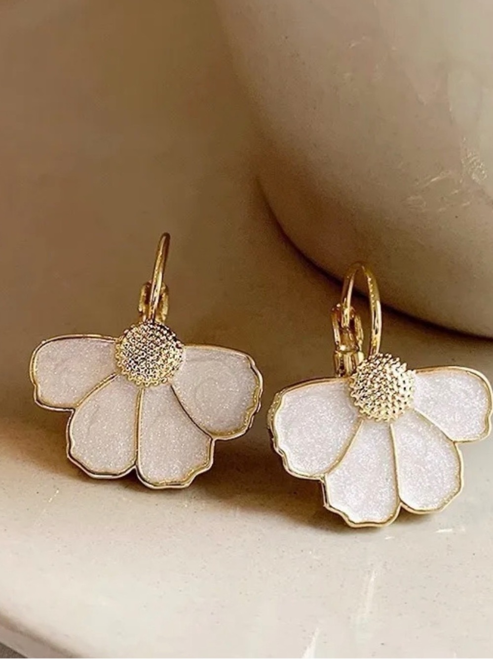 Gold & White Floral Drop Earrings